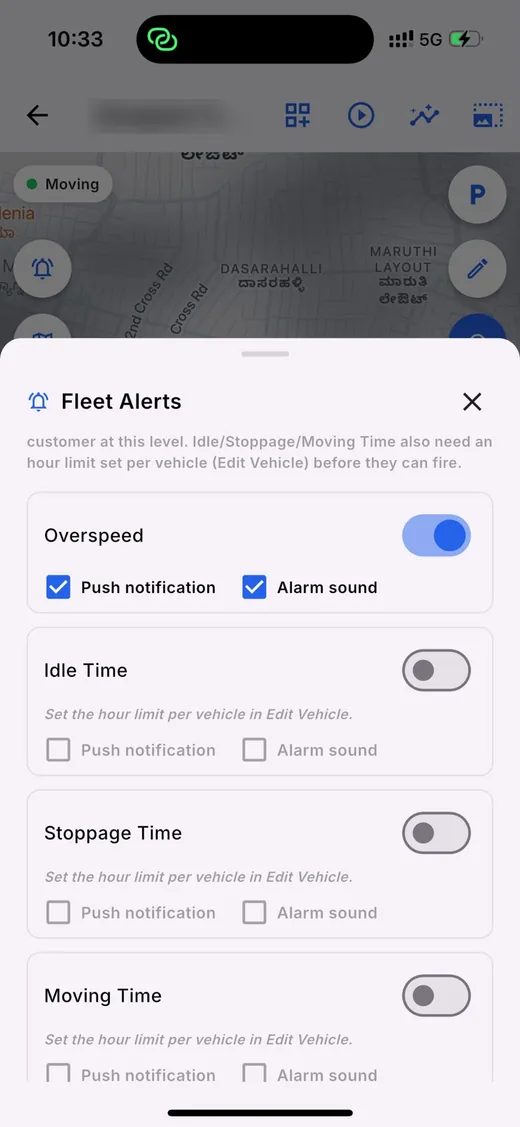 LYRA mobile app fleet alert settings with per-event push and alarm toggles