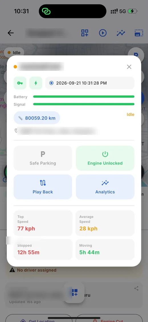 LYRA mobile app vehicle details with battery, signal, safe parking and engine controls